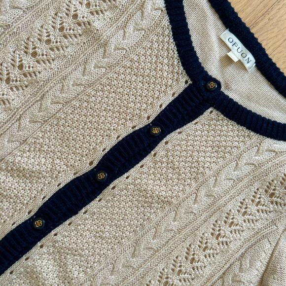 Cable Knit Cardigan Sweater Women's S Cream & Black Preppy Delicate Crochet - Picture 3 of 9